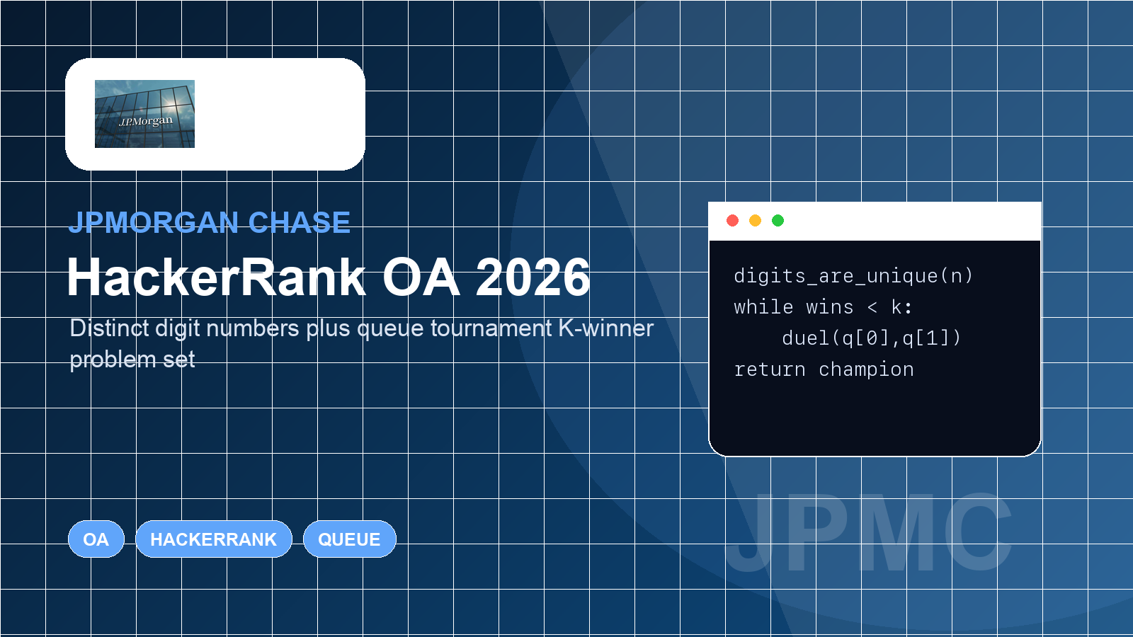 JPMorgan Chase HackerRank OA 2026 真题：Distinct Digit Numbers + 队列锦标赛 K 连胜