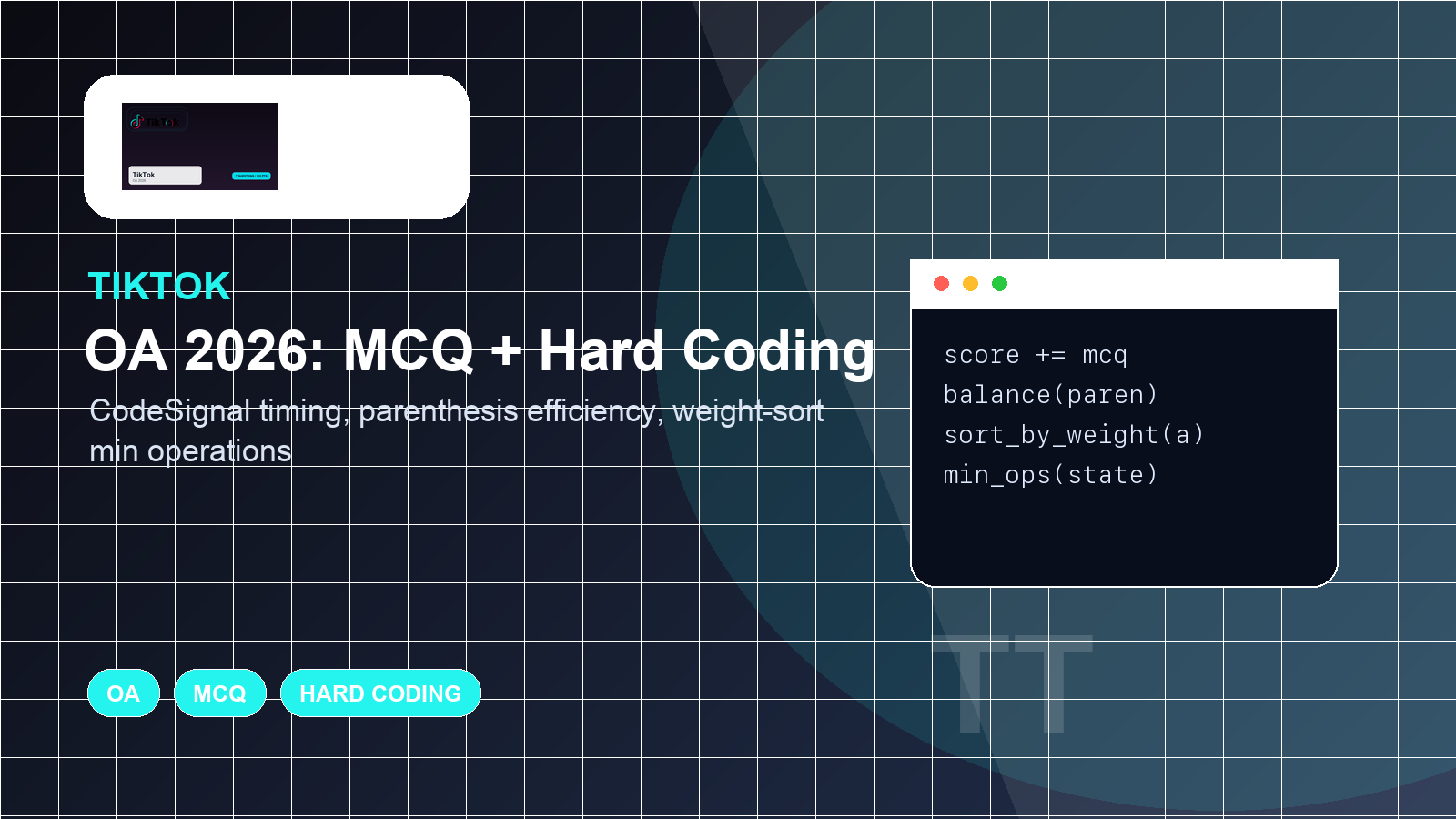 TikTok OA 2026 Real Questions: 3 MCQs + 2 Hard Coding Problems Walkthrough (CodeSignal)