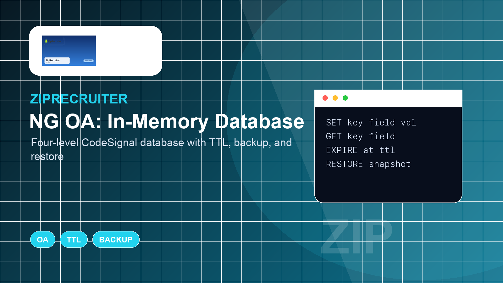 ZipRecruiter 2026 NG OA: In-memory Database 4-Level Walkthrough (TTL + Backup/Restore)
